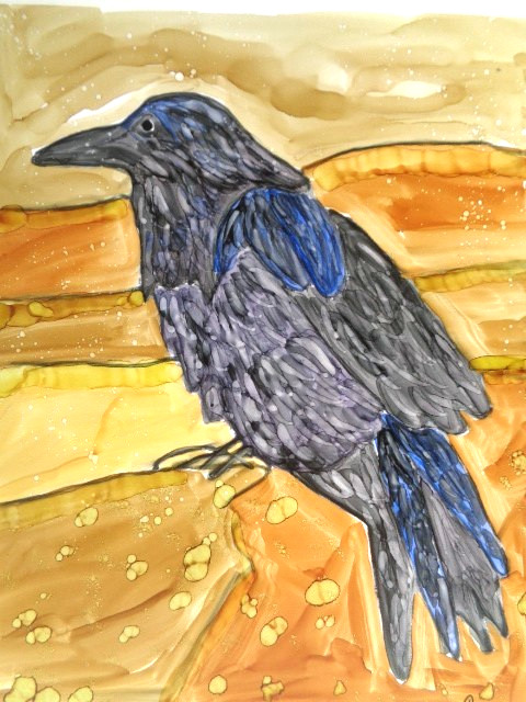 Original PRIMITIVE FOLK ART BLACK CROW RAVEN BIRD Abstract Painting 8X10