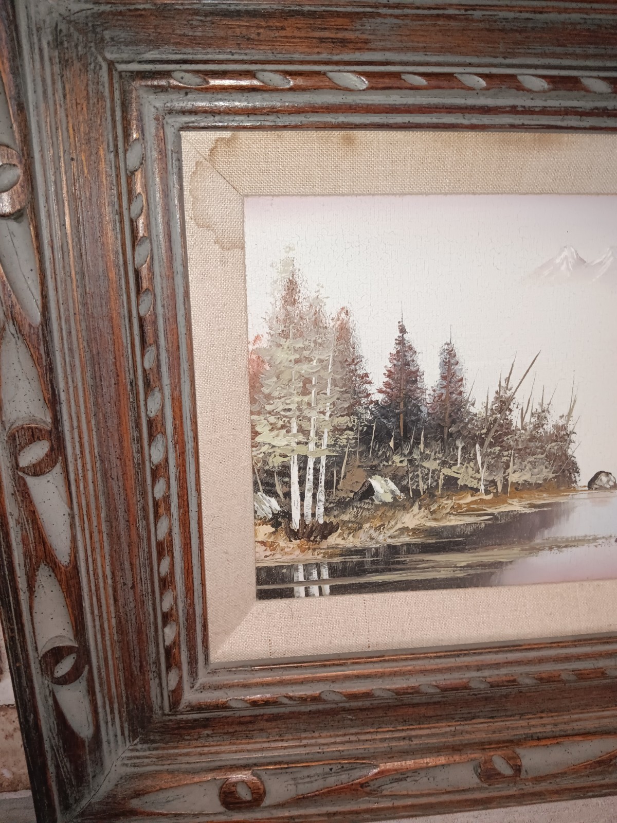 Vintage Hand-Painted Mountain Lake Landscape Oil Painting on Canvas Wood Frame