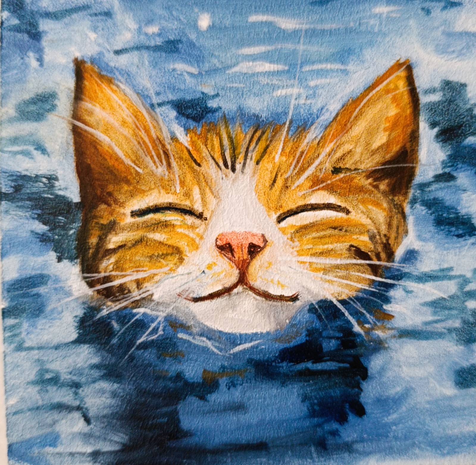 ORIGINAL Oil Painting Cat in water Pet Animal Contemporary Wall art Miniature