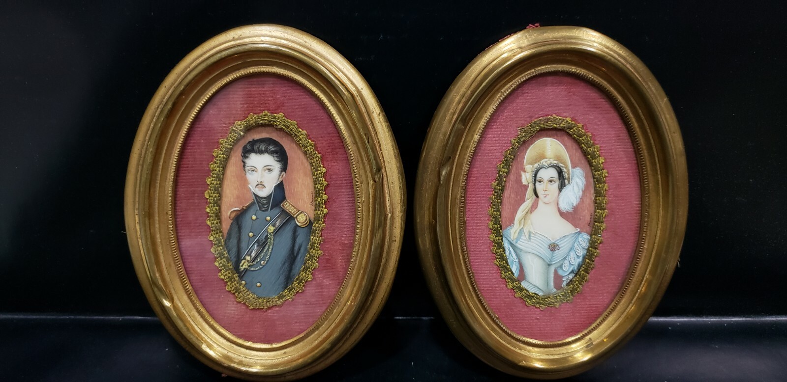 Rare Pair of Antique Miniature Portraits of Lady & Officer, Signed