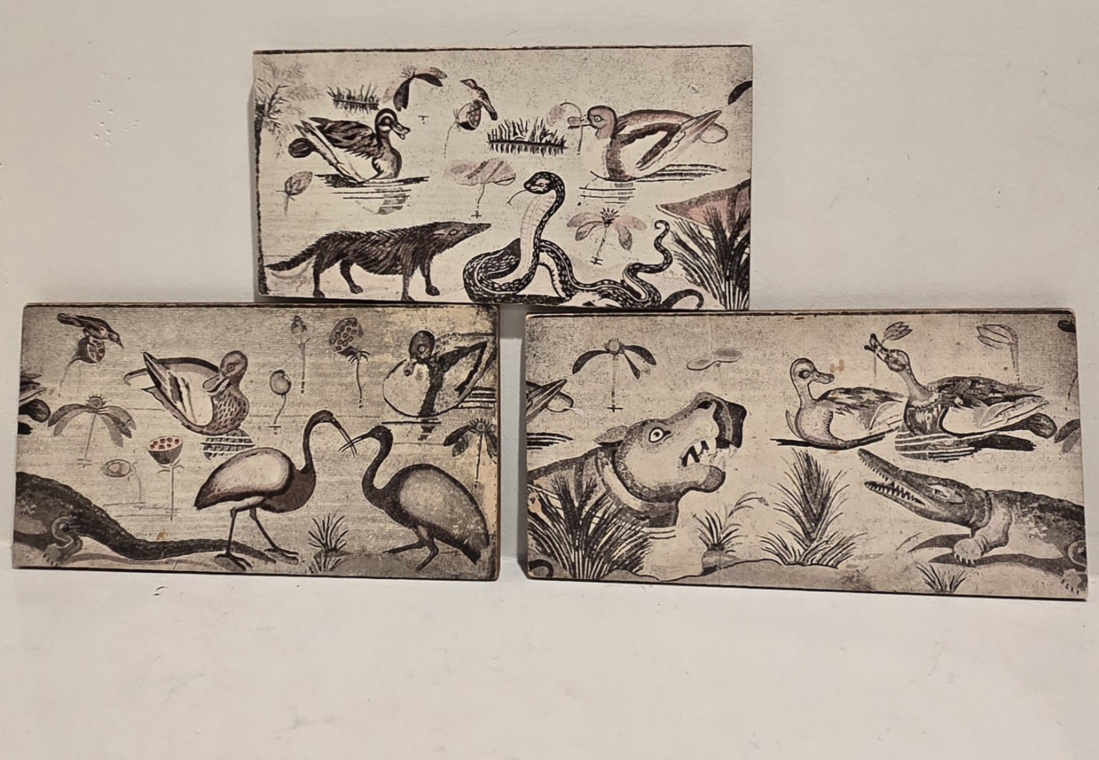 3 VTG Iustrations Wood Board Roman mosaic depicts Nilotic landscape Fauna Flora