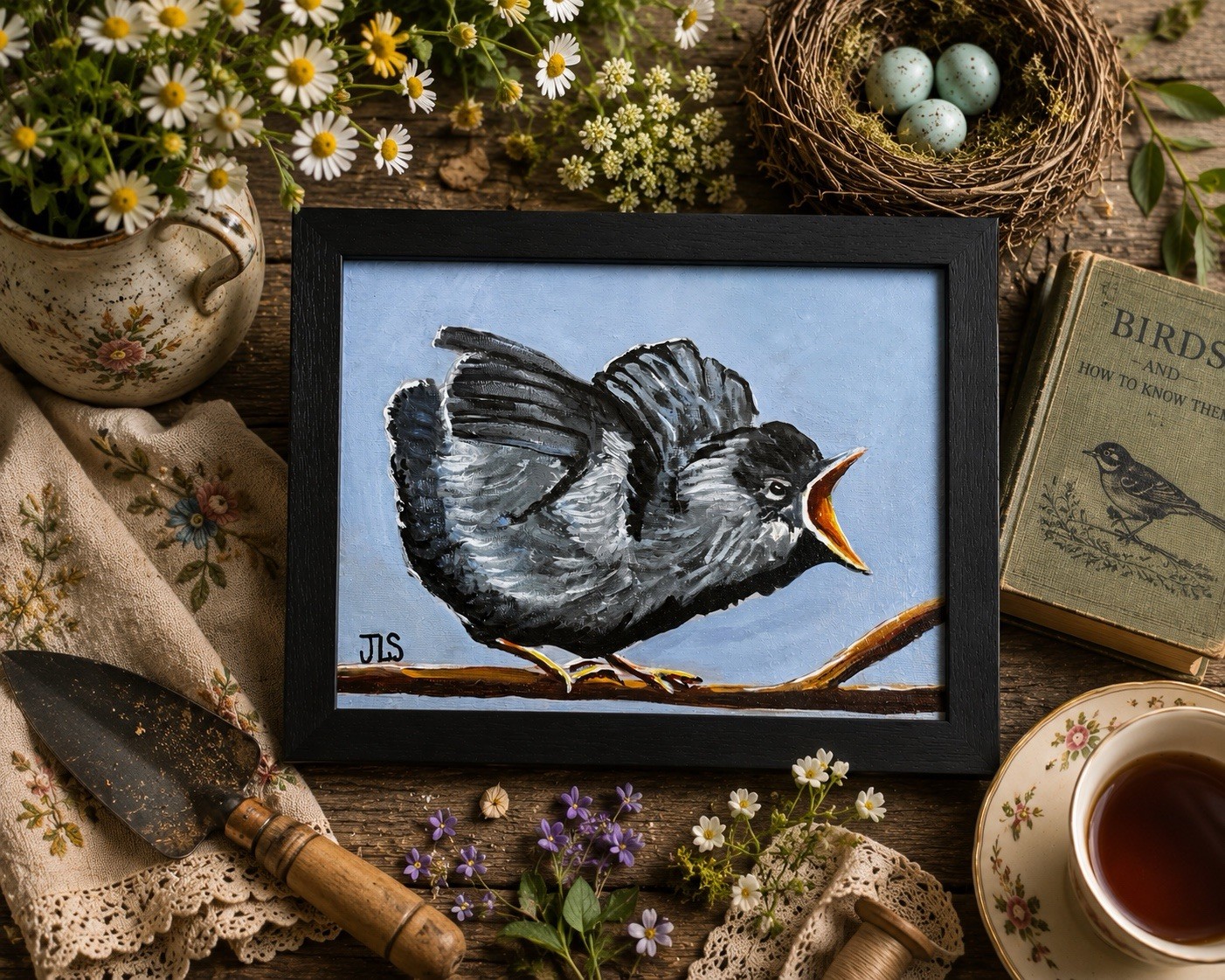 Baby Bird Wildlife Original Acrylic Painting Framed Canvas Panel 8×10