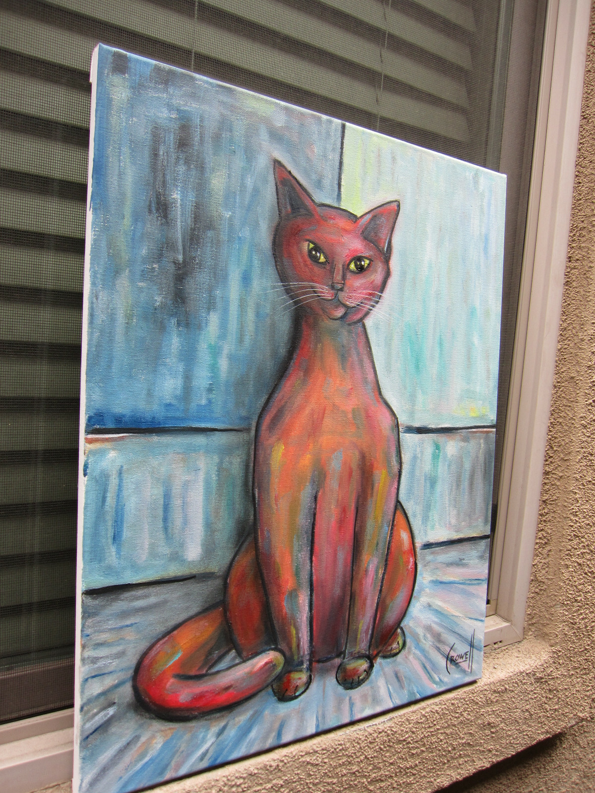 BIG RED CAT oil painting 16×20 canvas modern art feline original signed CROWELL