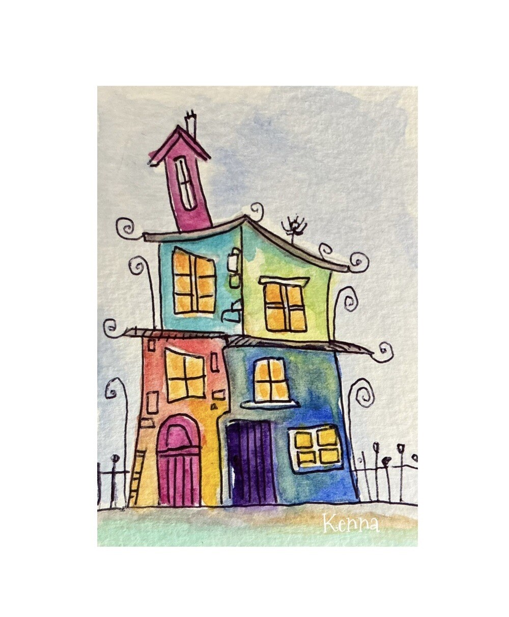 ACEO Painting By Kenna Whimsy House Art In Watercolour & Ink 2.5” X 3.5” ÀTC