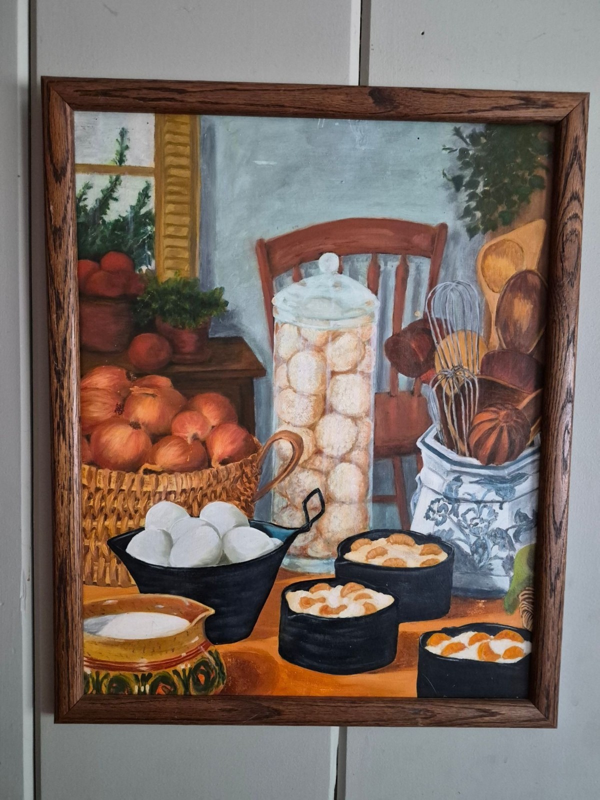 Vintage kitchen still life painting framed country cottage wall art rustic