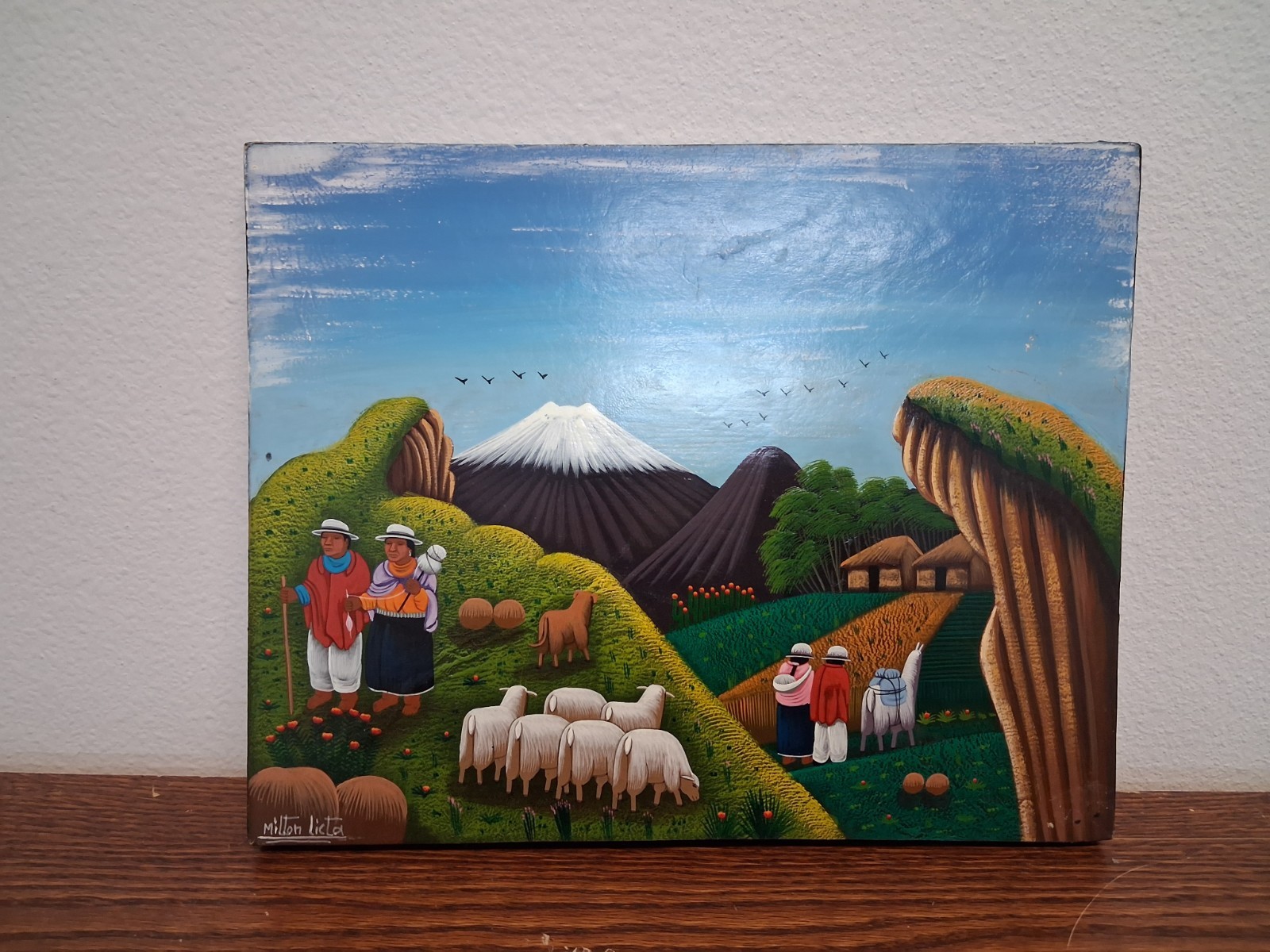 Large Handpainted Ecuadorian Tigua Folk Art On Stretched Sheepskin Set Of 3