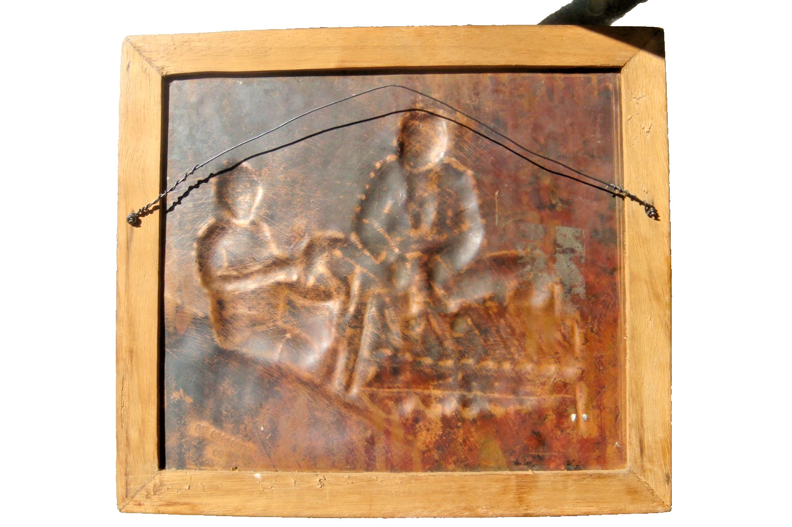 African Relief painting on copper signed by the Congolese artist Guycha Tshidibi