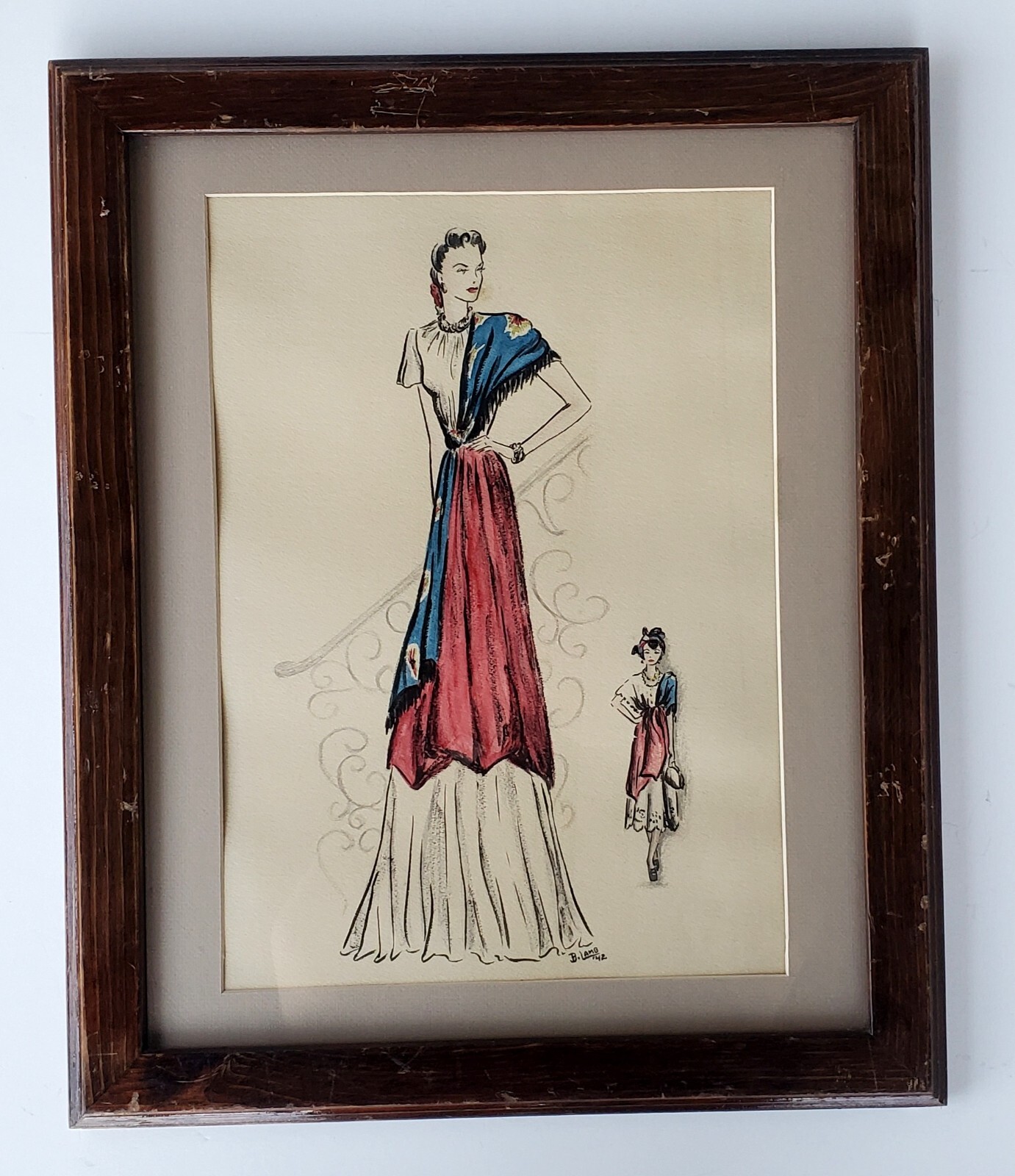 Original Vintage 1940’s Hollywood Regency Fashion Illustration #1, Signed