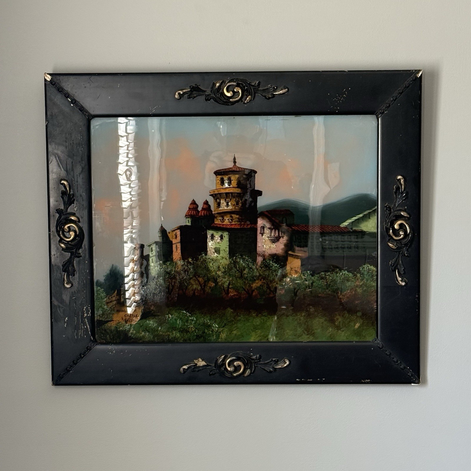 Vintage Reverse Glass Painting Heidelberg Castle Signed Russell Ornate Frame
