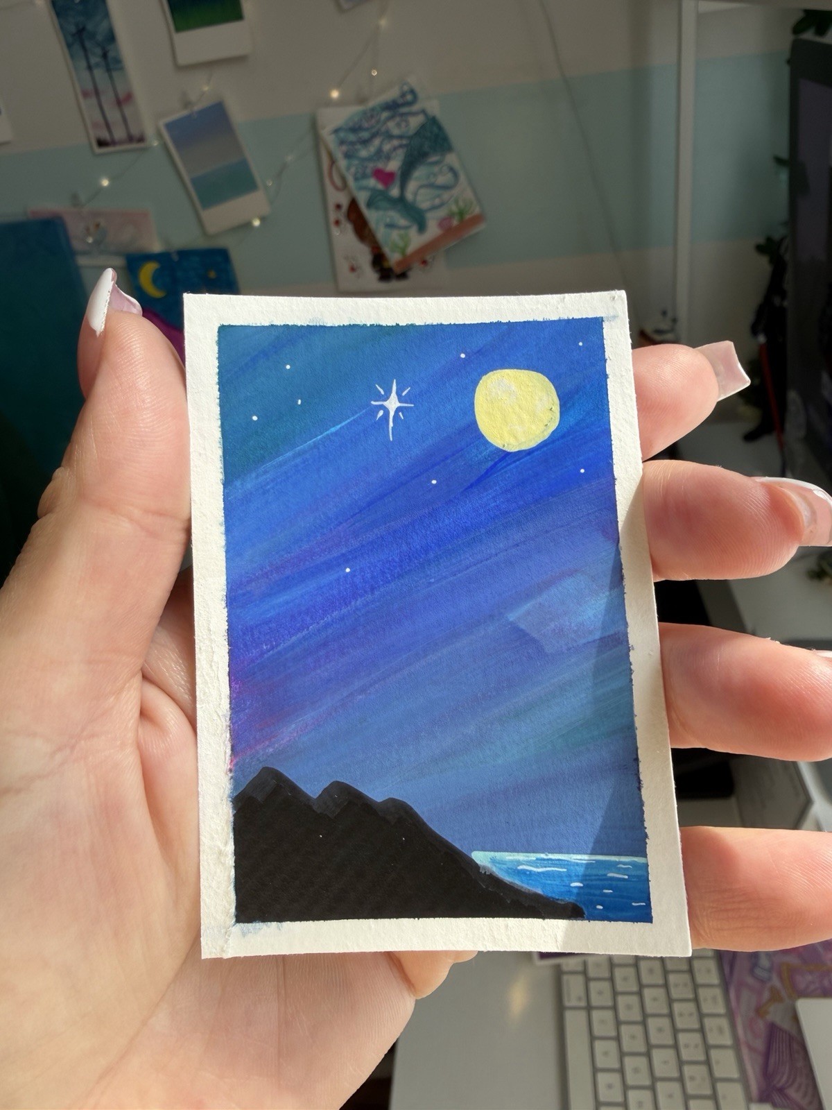 Original ACEO Midnight River Night Mountain Landscape Moonlit River 2.5×3.5