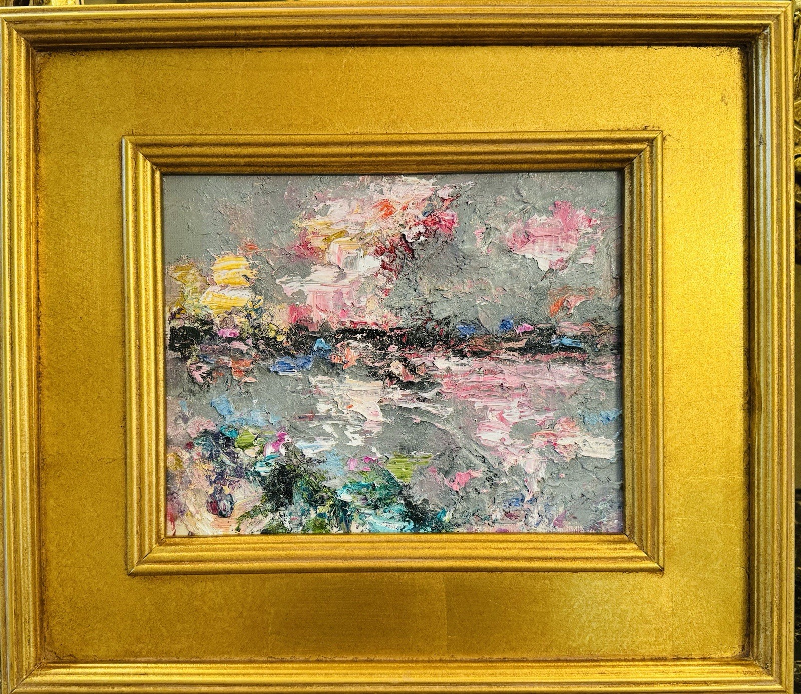 KADLIC Original Oil Painting Modern Abstract Landscape Pink Gray Gold Gilt Frame