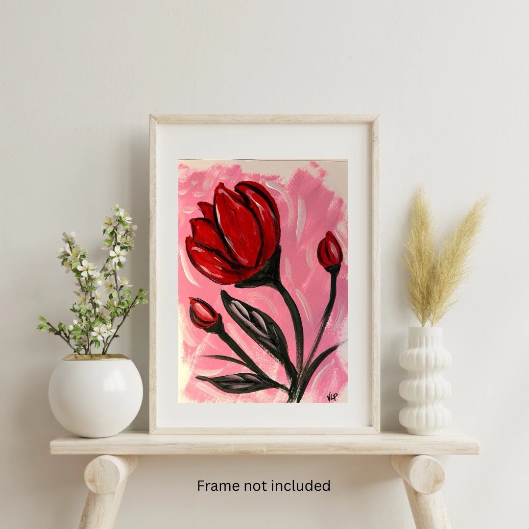 Original 9×12” Abstract Expressionist Red Flowers Pink Acrylic Paper VLP Art