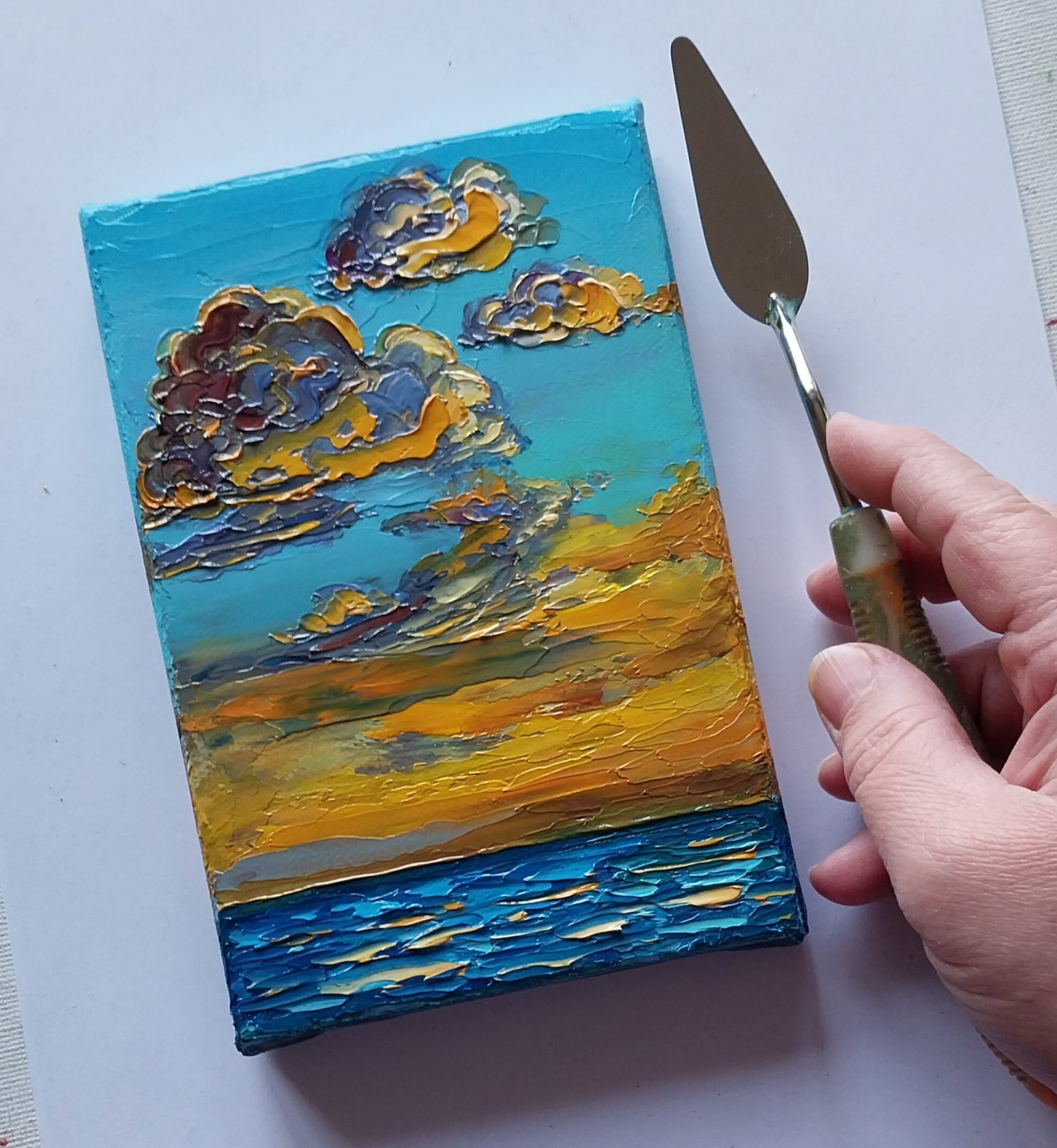 Mini Canvas Seascape Sunset Golden Clouds Over Sea 4×6″ Original Oil Painting