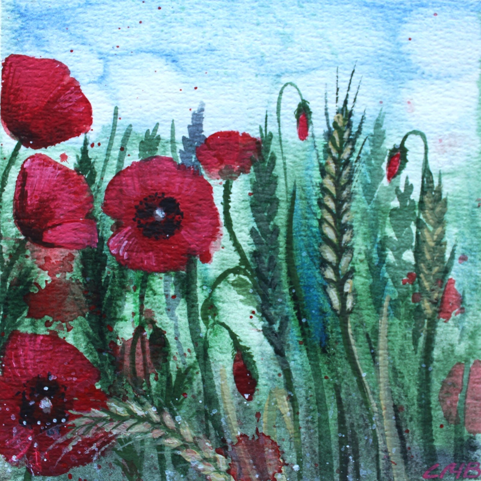 Red Poppy Original Mixmedia Painting 5″x5″ Wheat Wildflowers Hand Painted Art