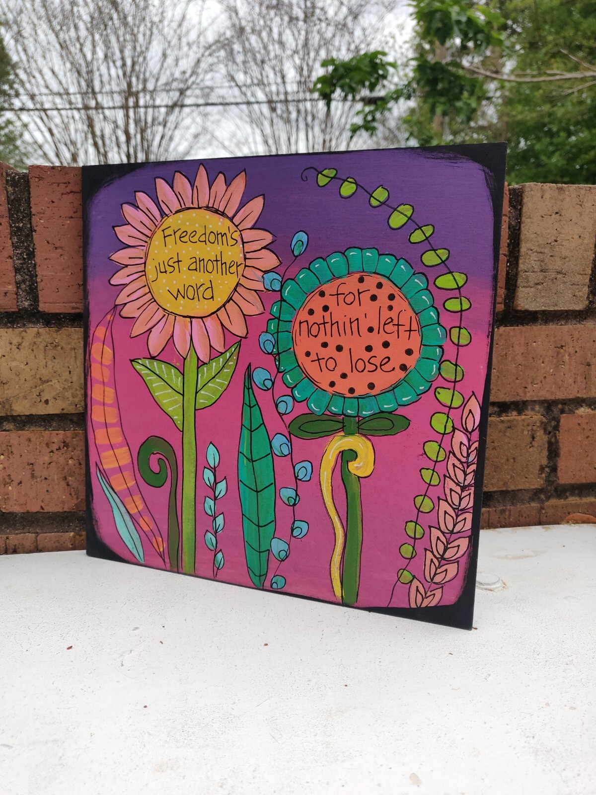 Janis Joplin’s Me and Bobby McGee Song Lyric Painting on 10 x 10″ wood panel
