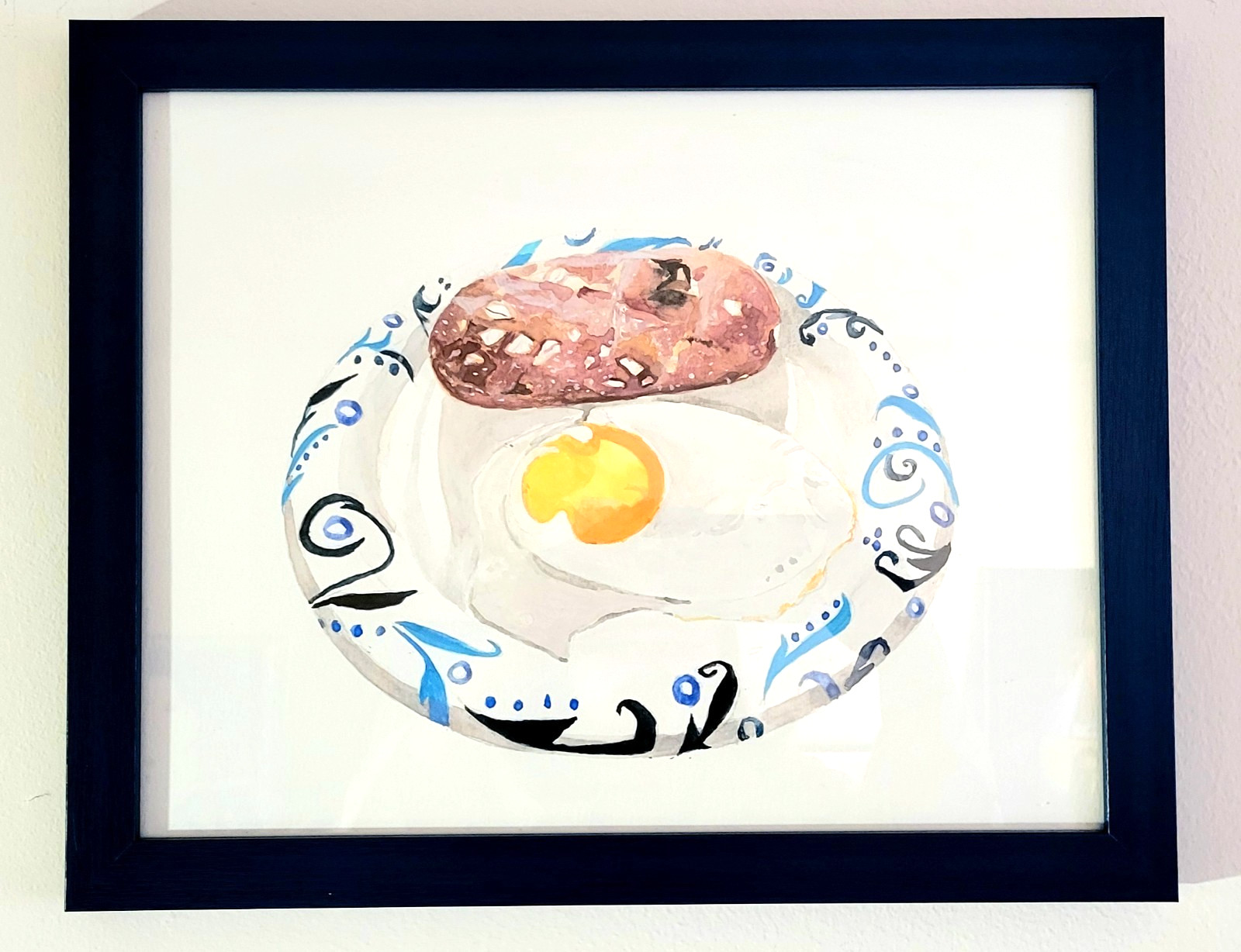 Original Breakfast Food Still Life Watercolor Painting Framed 12.5″ x 15.5″ New