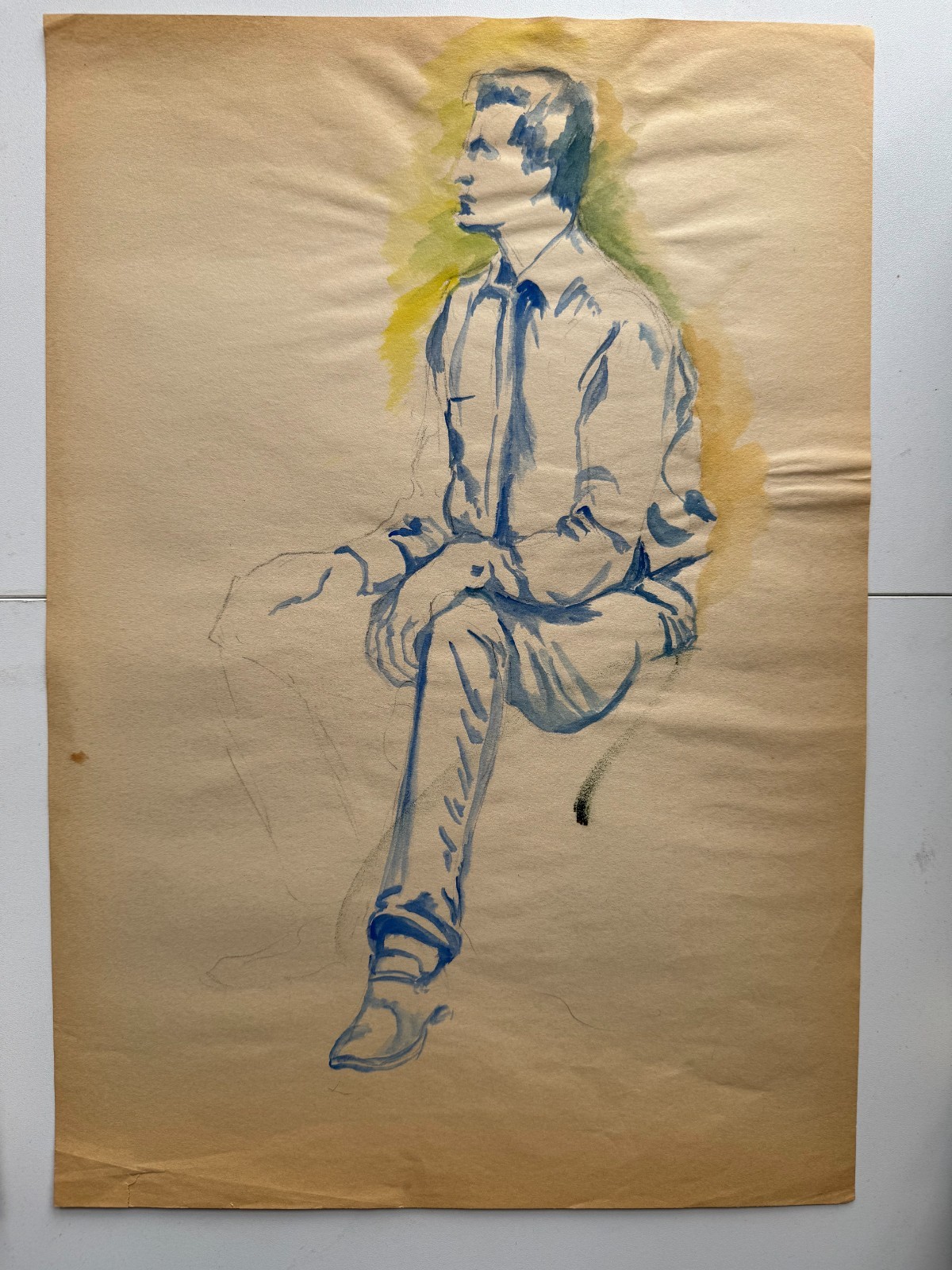 Vintage 1960s Watercolor Painting Portrait Man in Blue 17 x 12 OOAK Gay Int