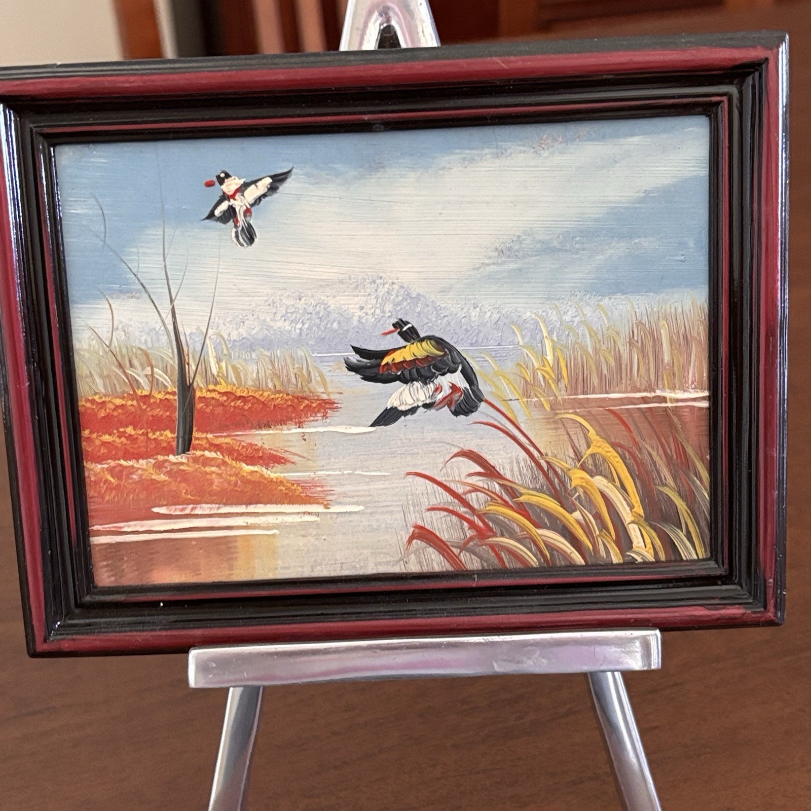 Vtg Small Oil Painting Wood Ducks Flying over a marsh pond Framed Autumn Scene