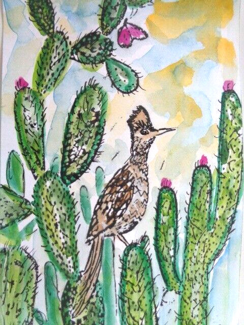 One Of A Kind – Original DESERT CACTUS ROADRUNNER BIRD Watercolor Painting