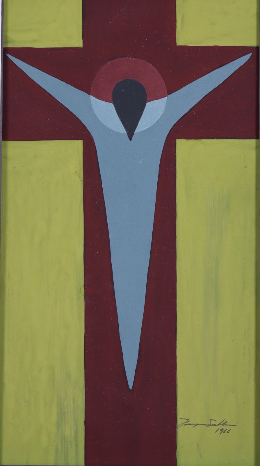1966 Abstract Acrylic Painting «Crucifix 1» on Paper, Vintage Mid-Century Art