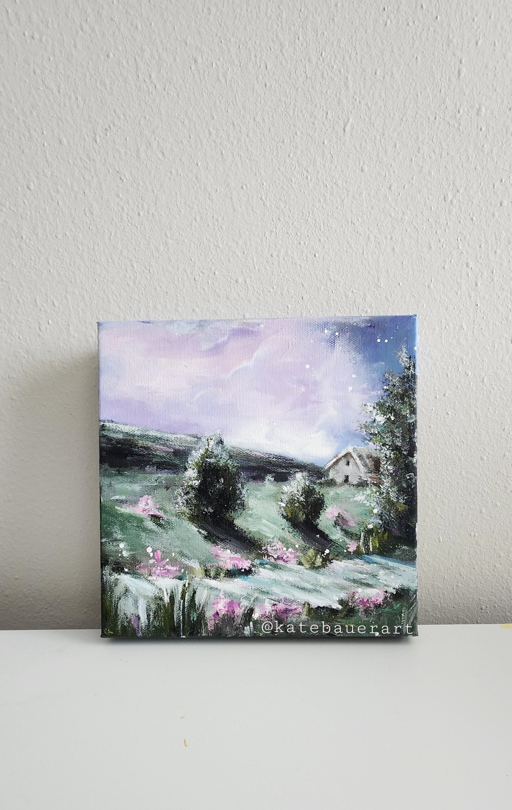 ORIGINAL Landscape Cottage In Meadow-Pink Flower-Night Sky-8×8″Acrylic Painting