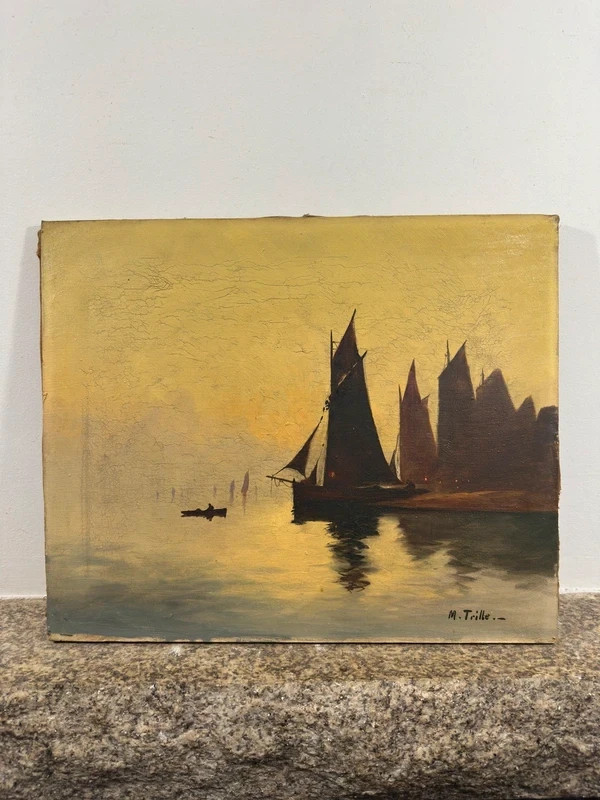 Antique Signed Oil On Canvas, Seascape Sailing Boats At Sunset