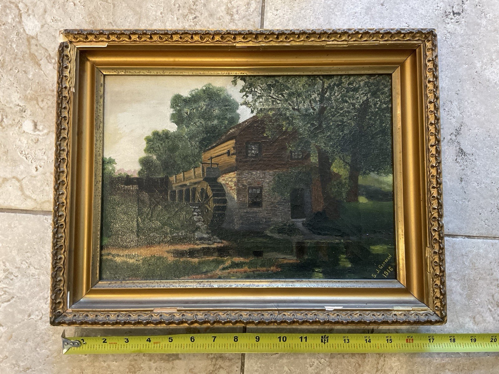 ORIGINAL 1916 SIGNED DATED OIL PAINTING WATER MILL