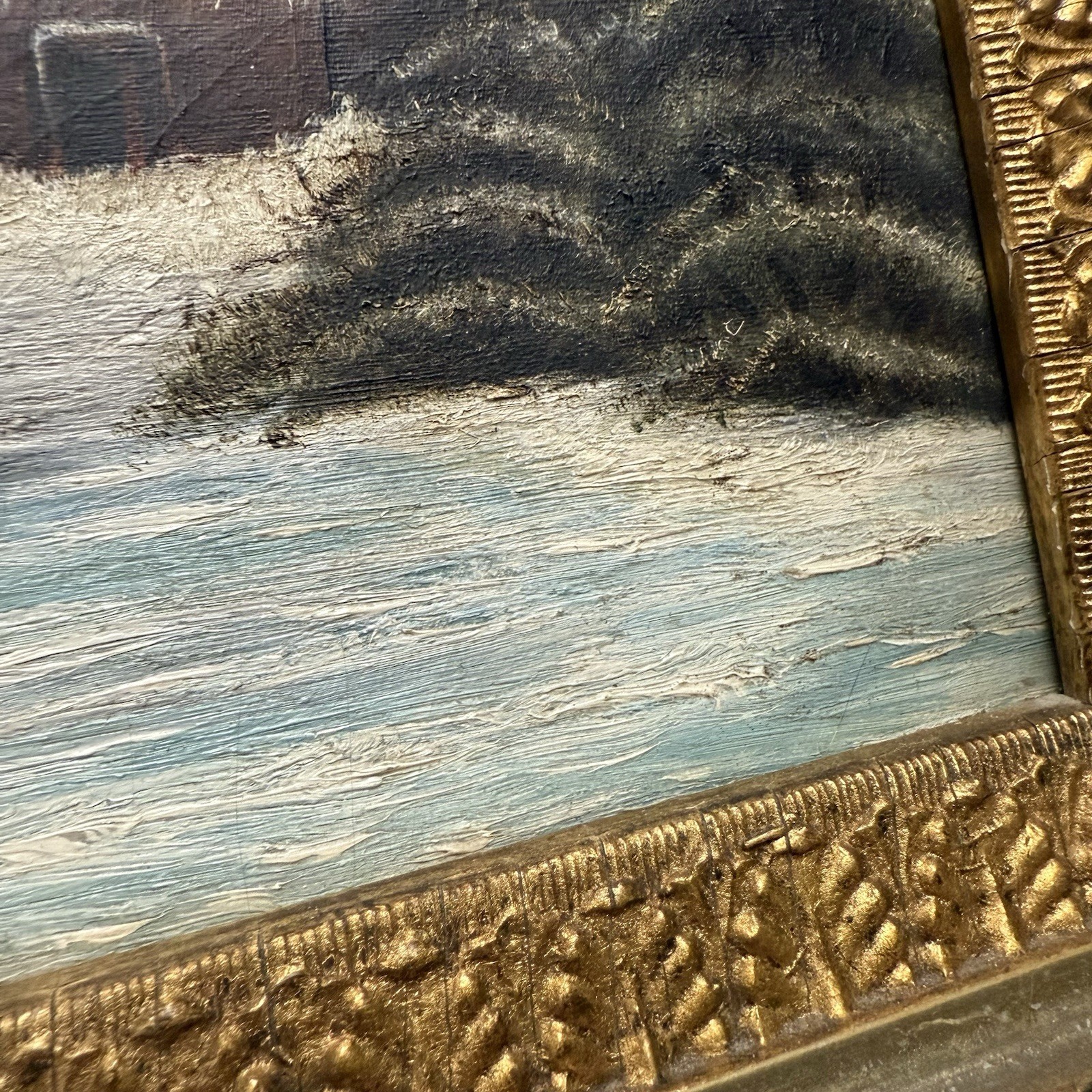 Vintage Original Winter Scene Landscape Red Cabin Painting Framed 8×10 in.