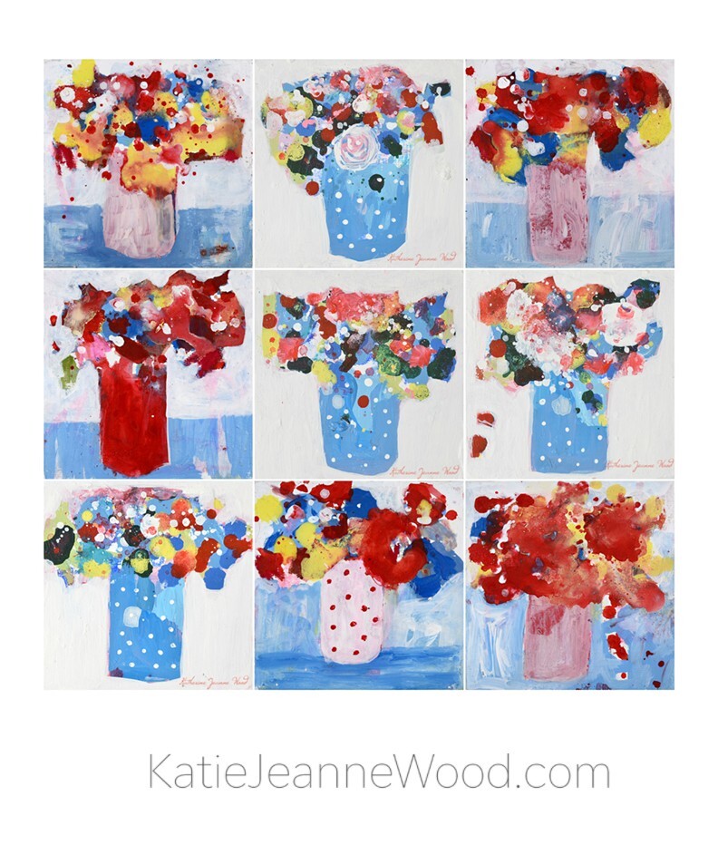 Blue Abstract Flower Painting 4×4 Mini Original Floral Palette Knife Art