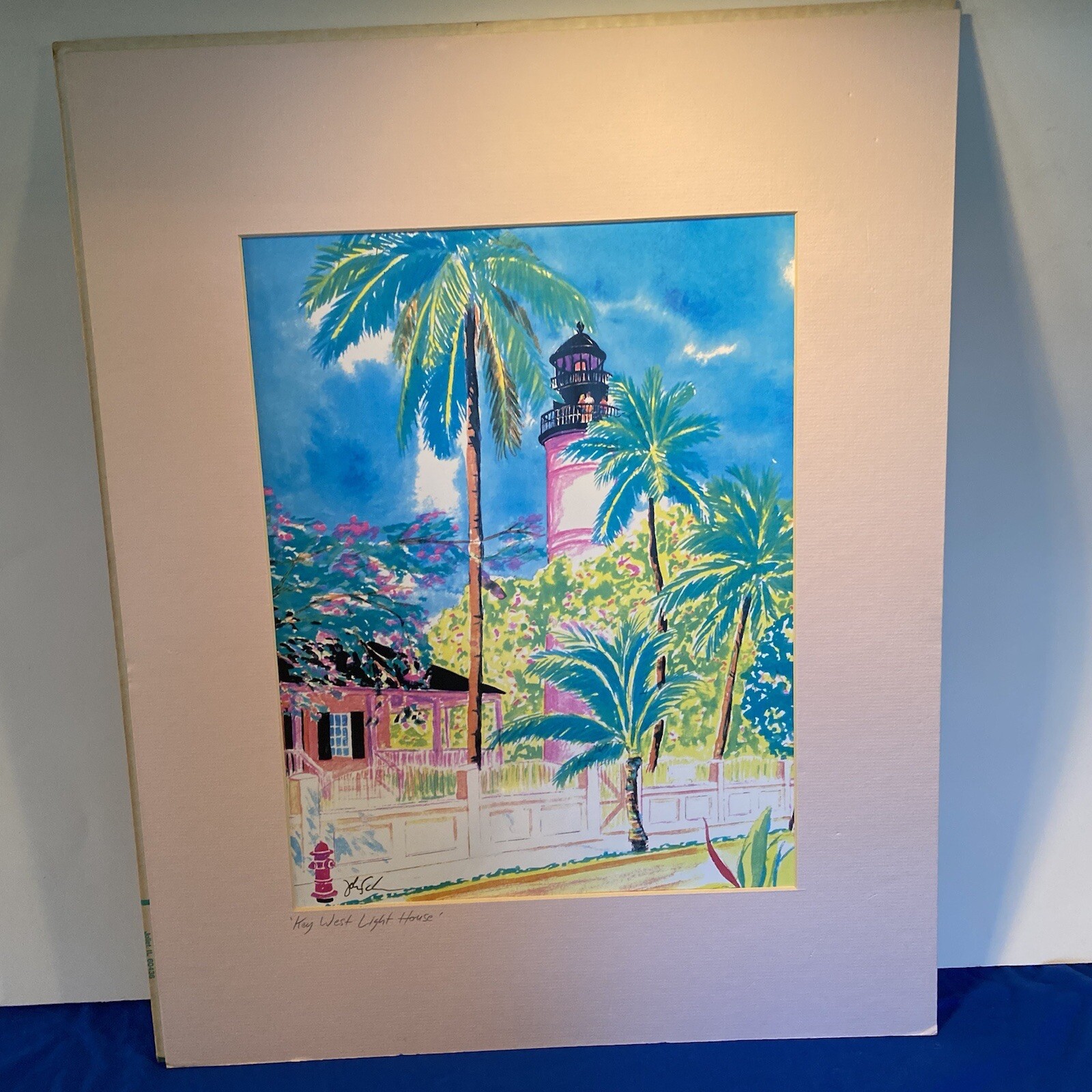 Key West Light House Watercolor Painting Print – Tropical Palm Beach Tree Chic