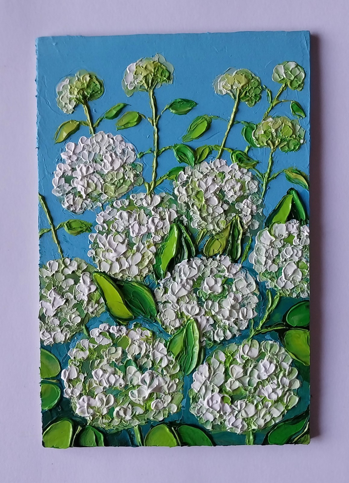 Framed White Hydrangea Blossoms Flowers Art 4×6” Impasto Oil Painting Original