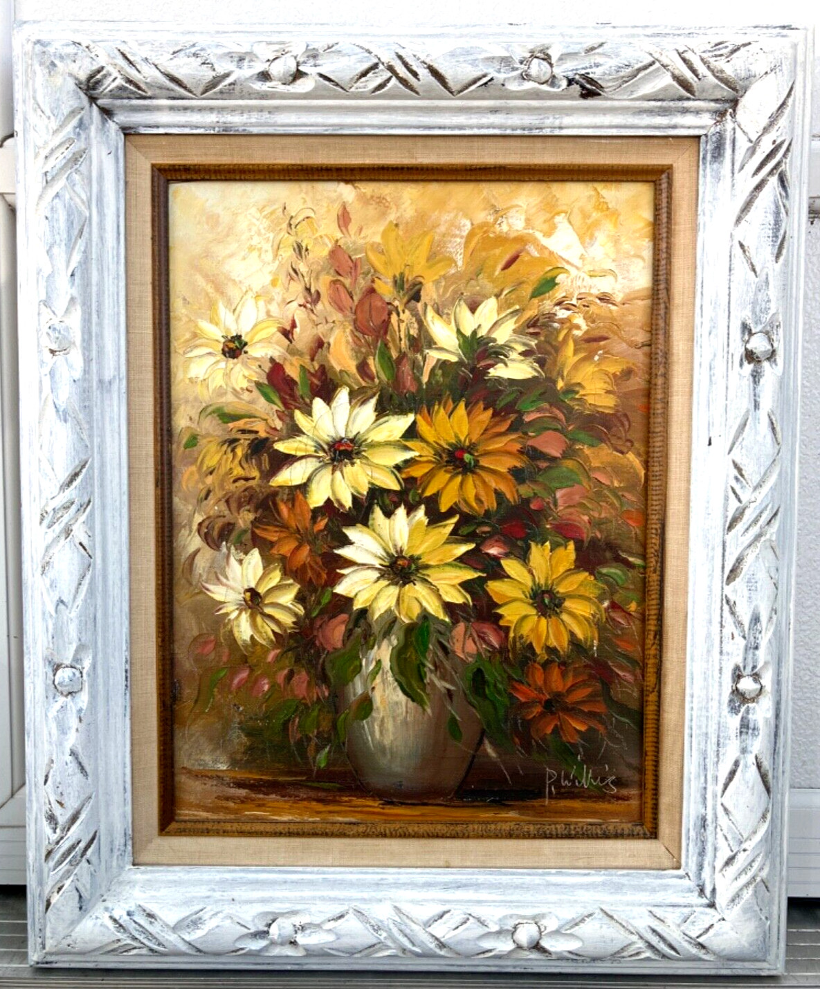 Original Oil Painting Art Floral Still Life Yellow Flowers Artist Signed Willis