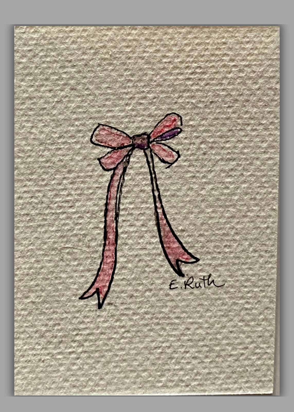 ACEO Original Painting Art Card, Mixed Media Line Drawing Pale Pink Bow Painting