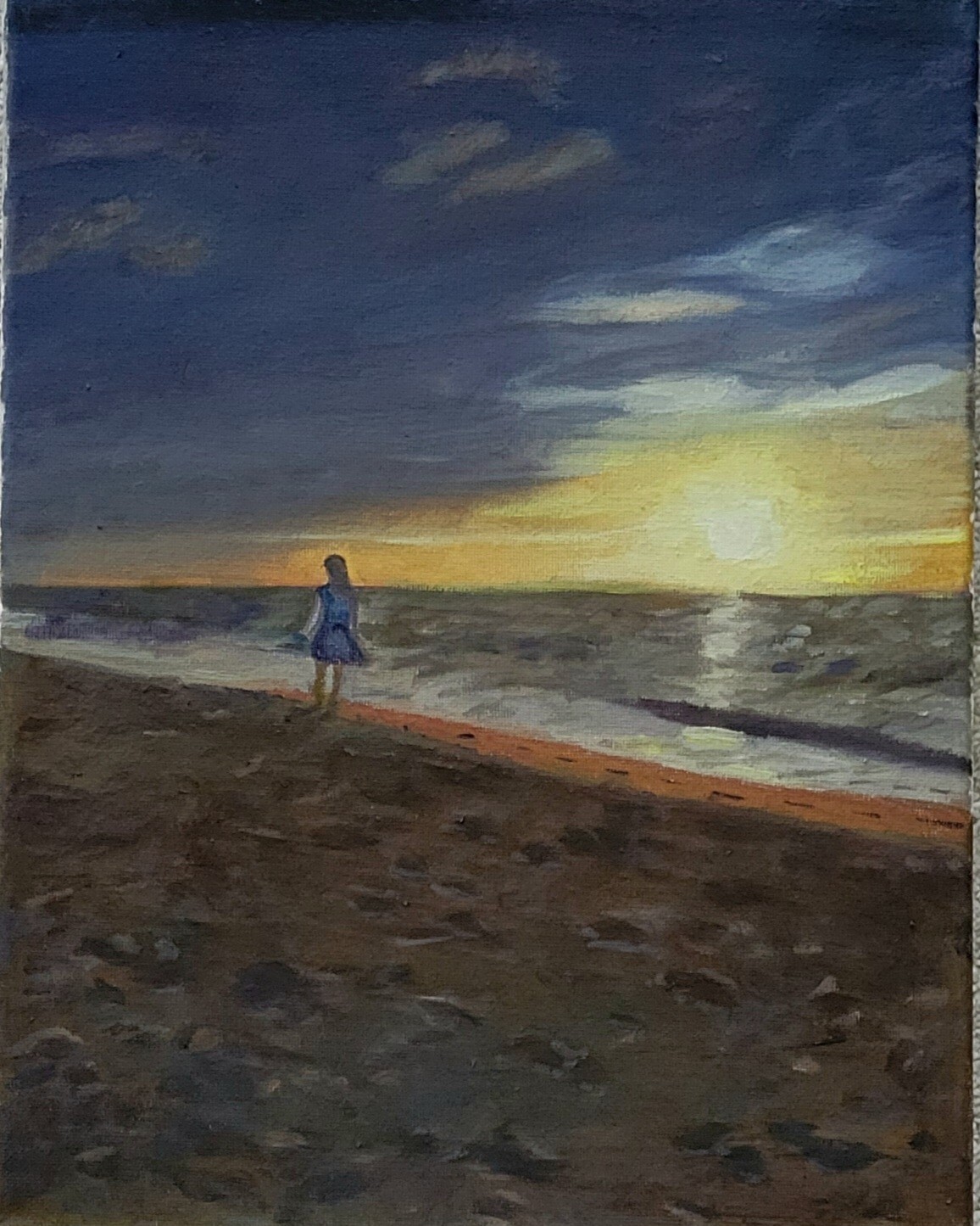 Daorong, A Girl Walking On Sunset Beach original oil paintings on canvas ,14×11