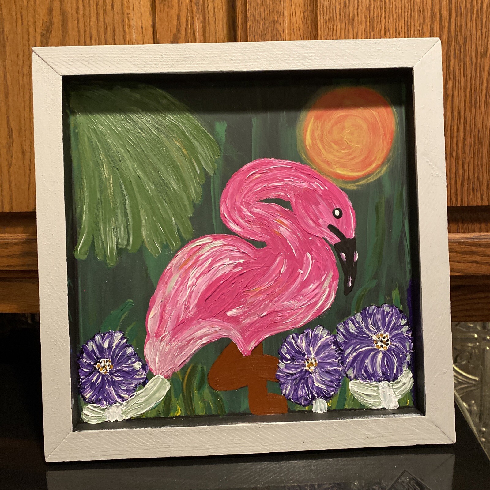 Flamingo Painting Framed Pink Flamingo Beach Decor Art Animals 13×13