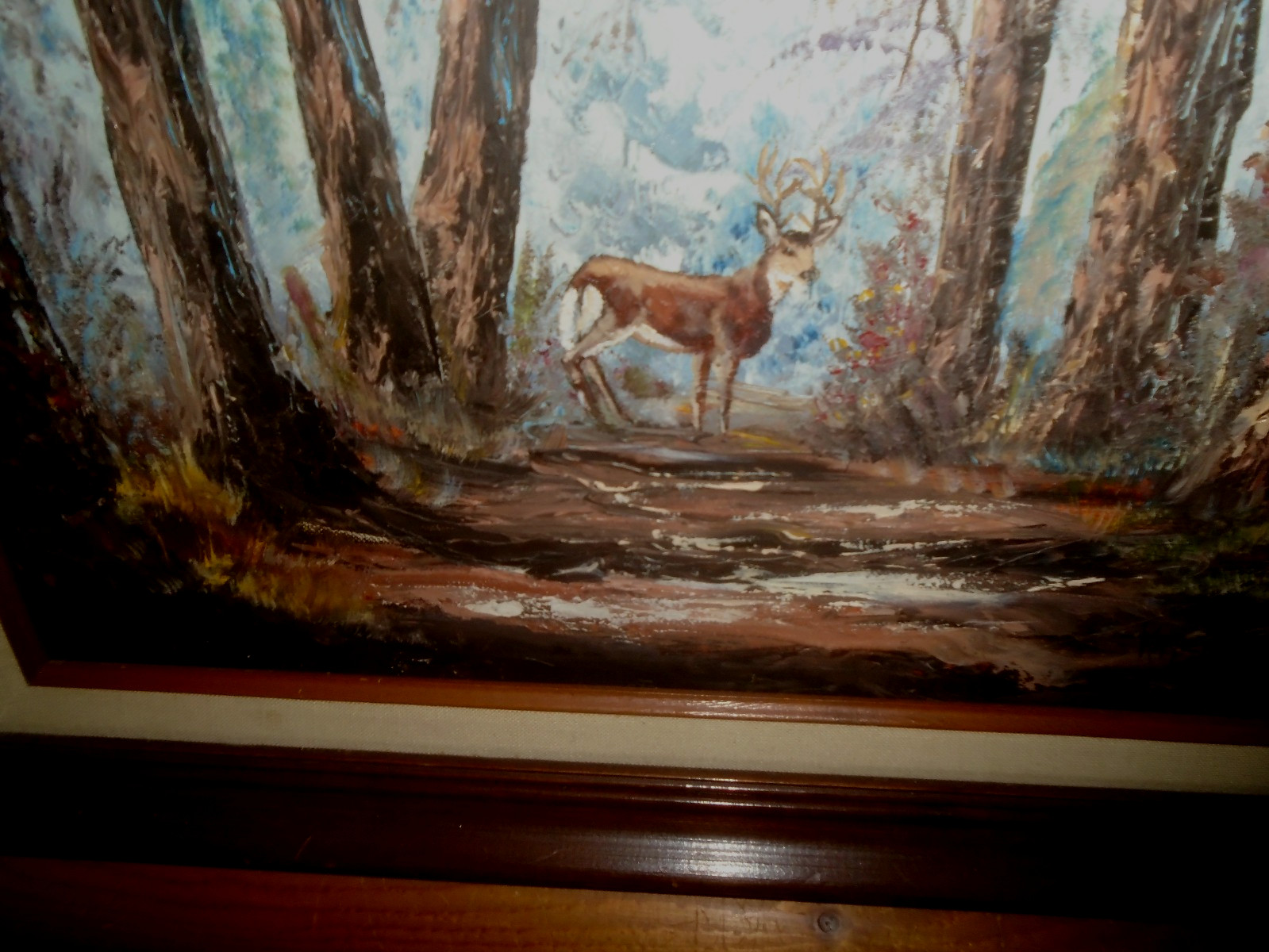 KAYE BAKER Large Vintage Oil Painting Deer In Woods Framed Wildlife Wall Art