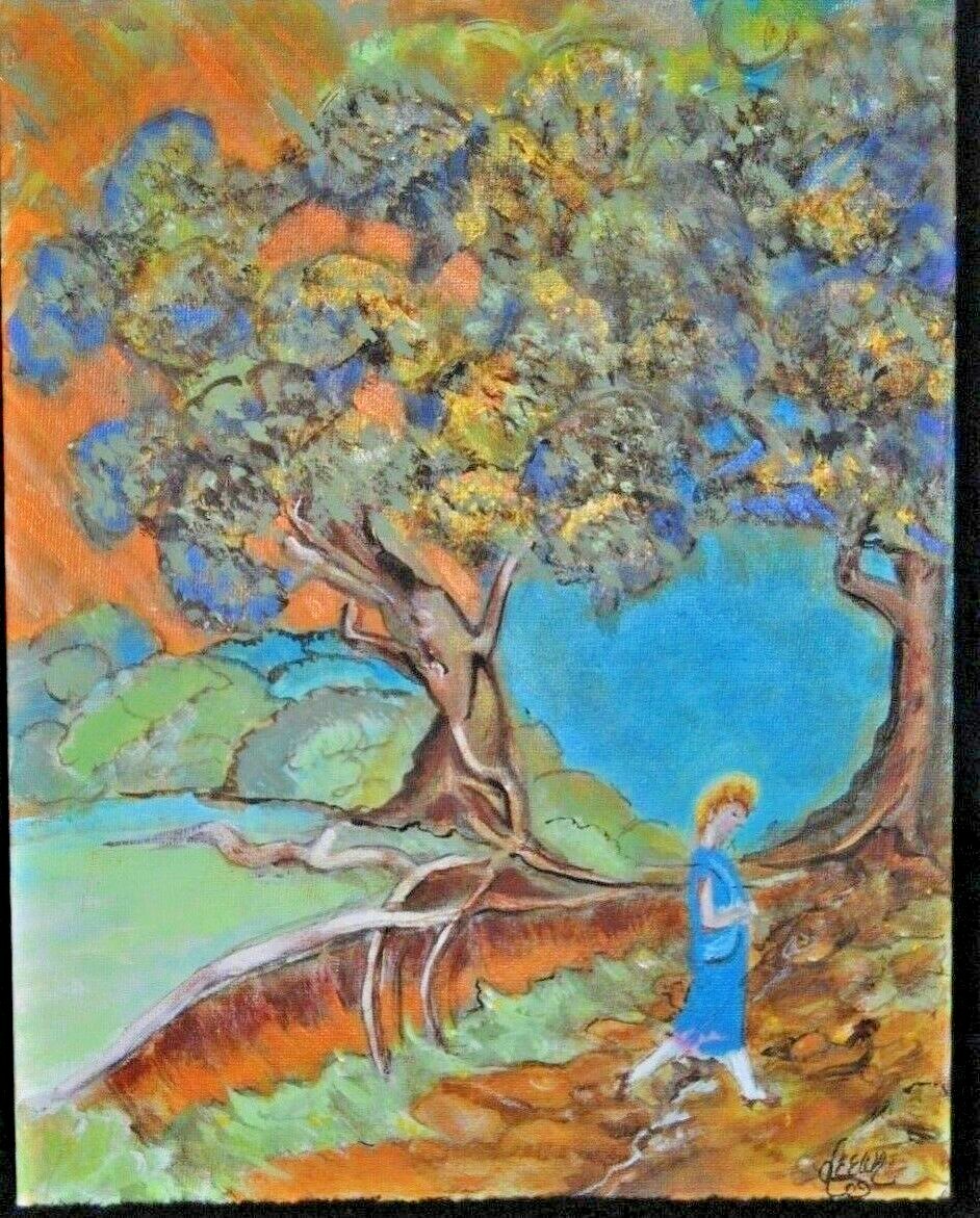 CONTEMPLATING Original Acrylic on Canvas Women Walking in Meadow Signed 11 by 14