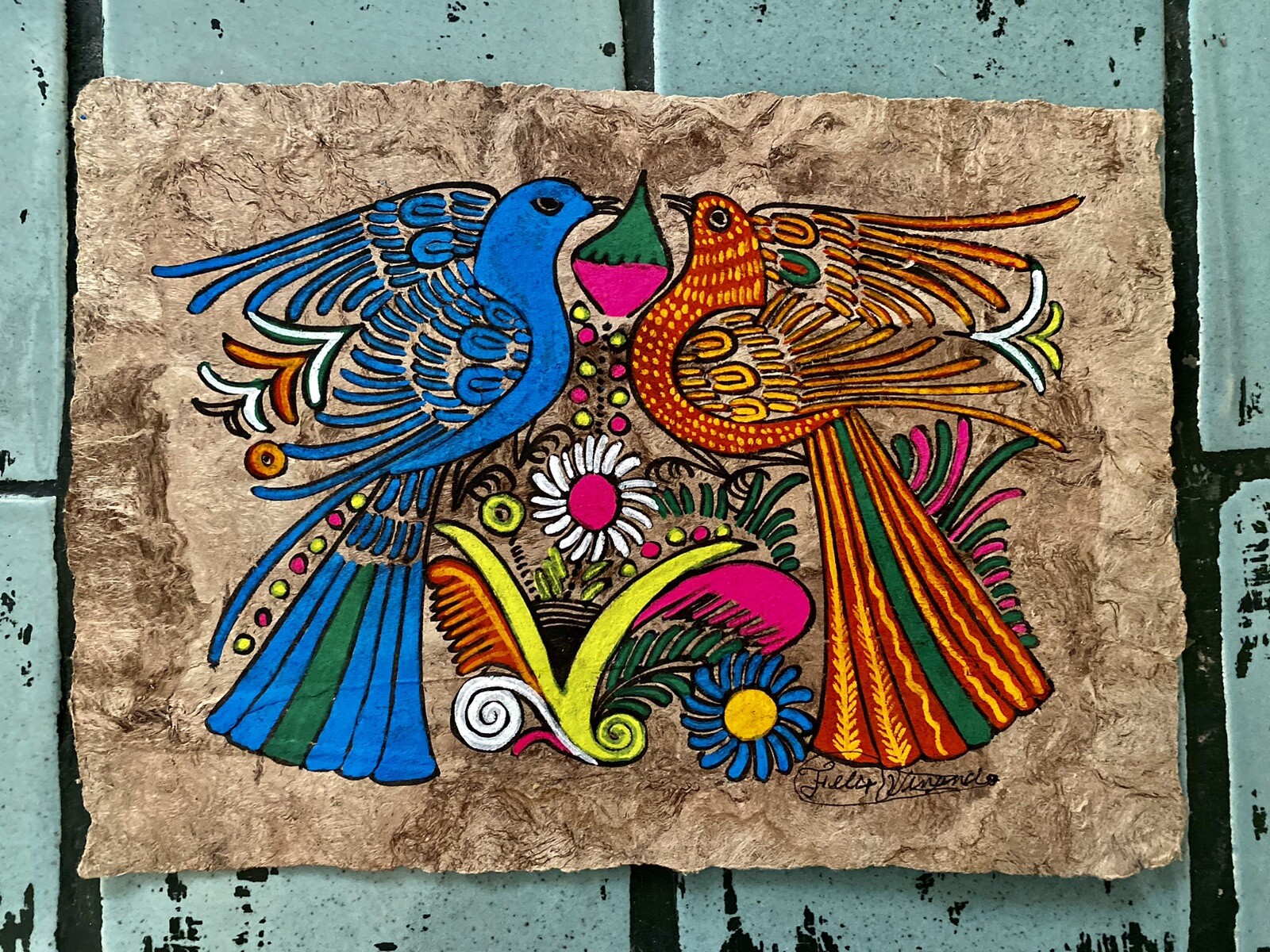 Vtg Mexican Hand-Painted Bark Painting Signed Birds Doves Neon C. 1968