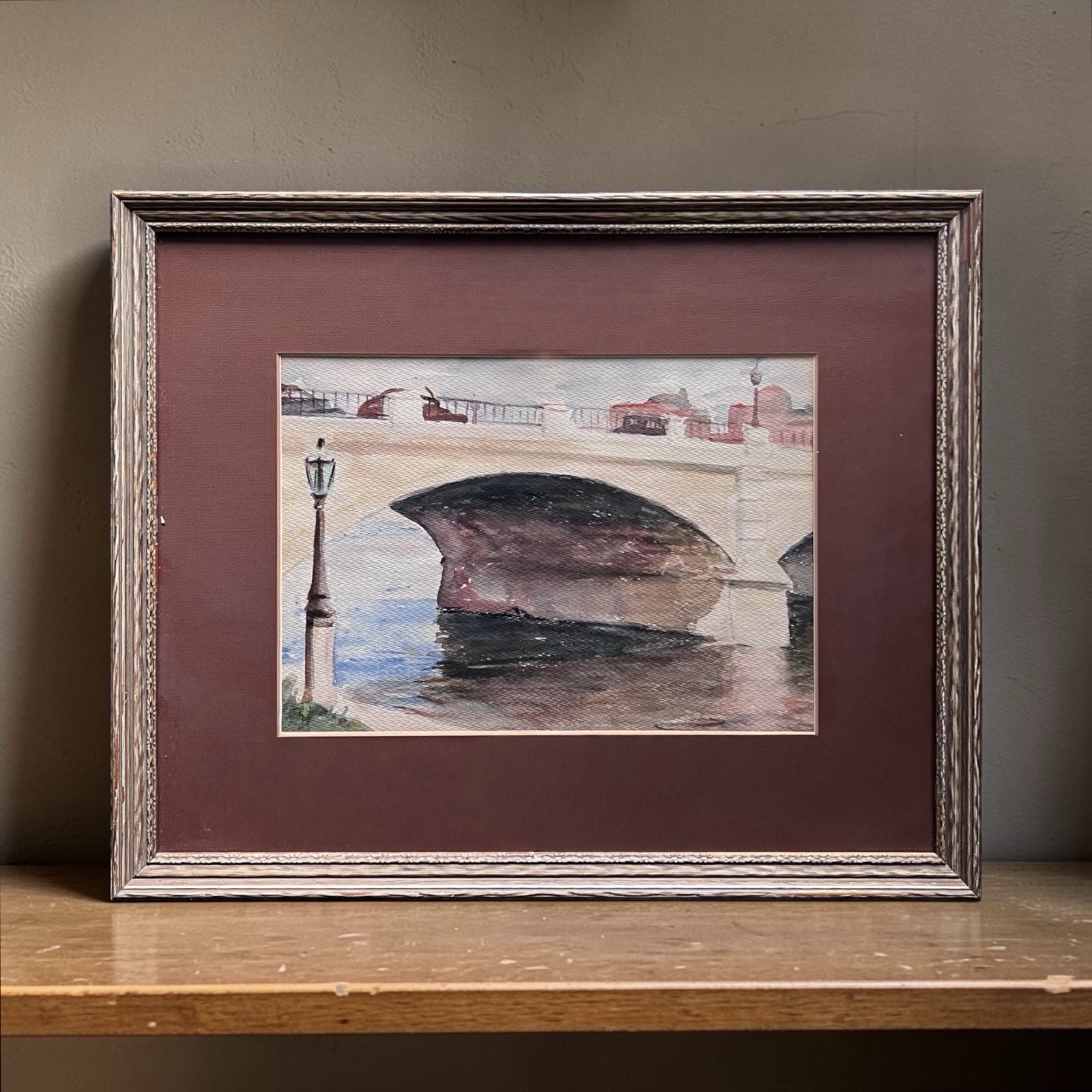 Vintage (1940s) Framed Watercolor (Cars/Bridge/River/Lampost)