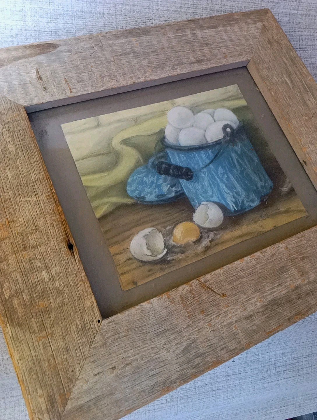 Antique Eggs in Blue Pot Primitive Still Life Folk Art Oil 11X14″ OOAK signed