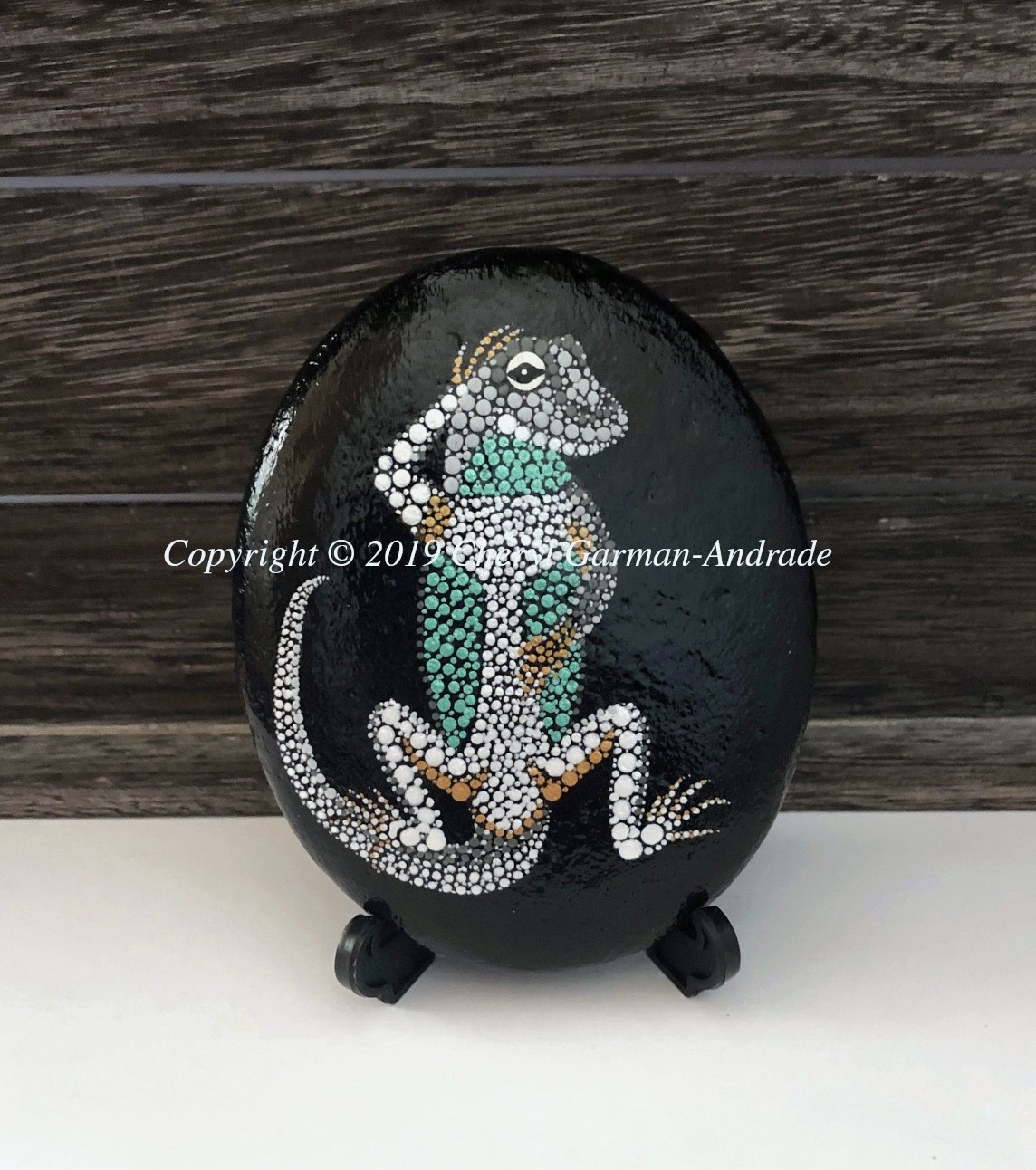 Original Dot Painted Stone Whimsical Blue Bellied Lizard by Cheryl Andrade
