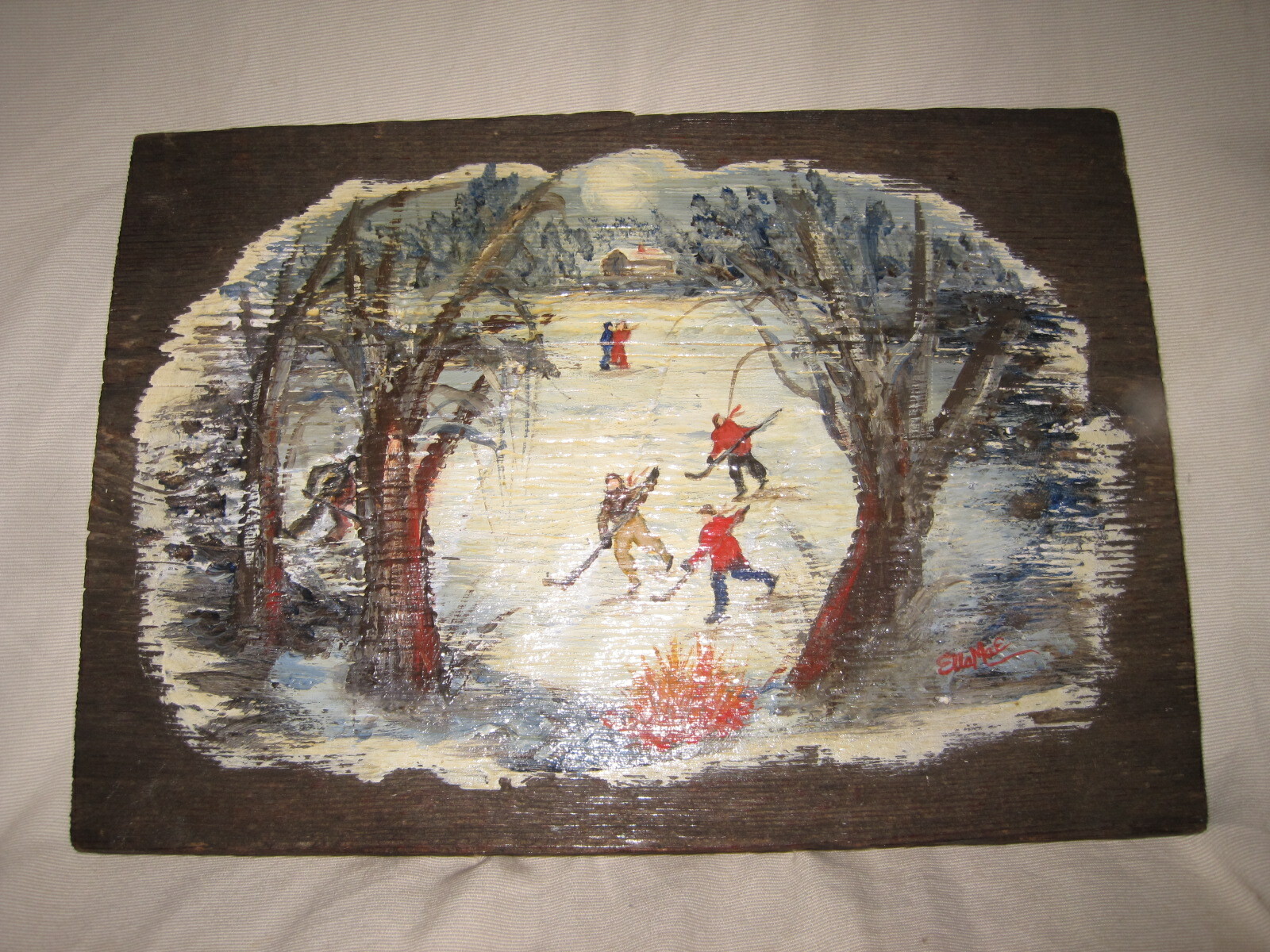 Ella Mae Peters 9×13 Painting on Oak Board Hockey Skaters on Frozen Pond Signed