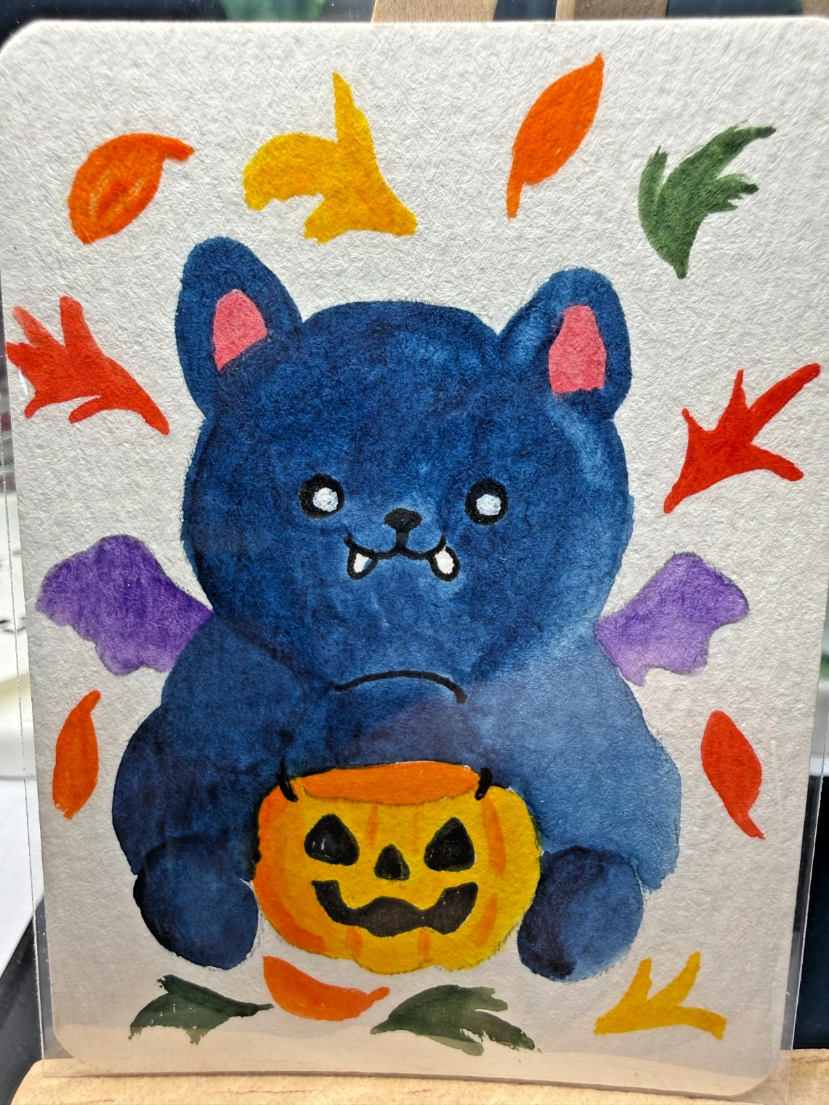 ACEO Original OOAK Signed (Not a Print) «Treat Bat» Halloween Candy Bucket art