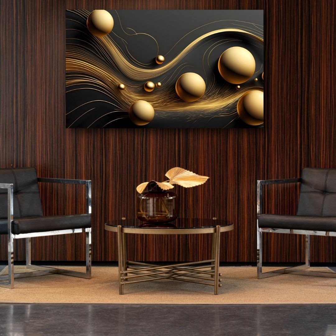 3D Painting Abstract Gold Spheres Art UV Printed Acrylic Glass Wall Decor