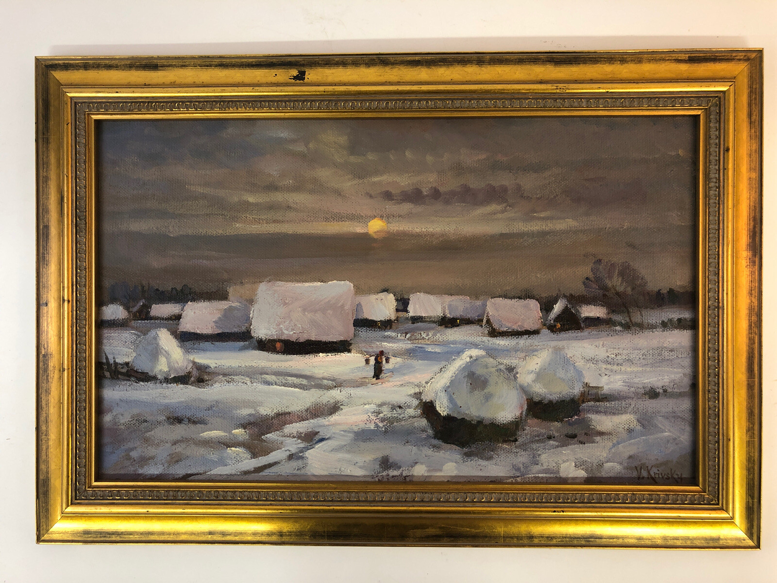 V. Krivsky Oil On Masonite Impressionist Night Winter Landscape 20 1/4” X 29 3/4