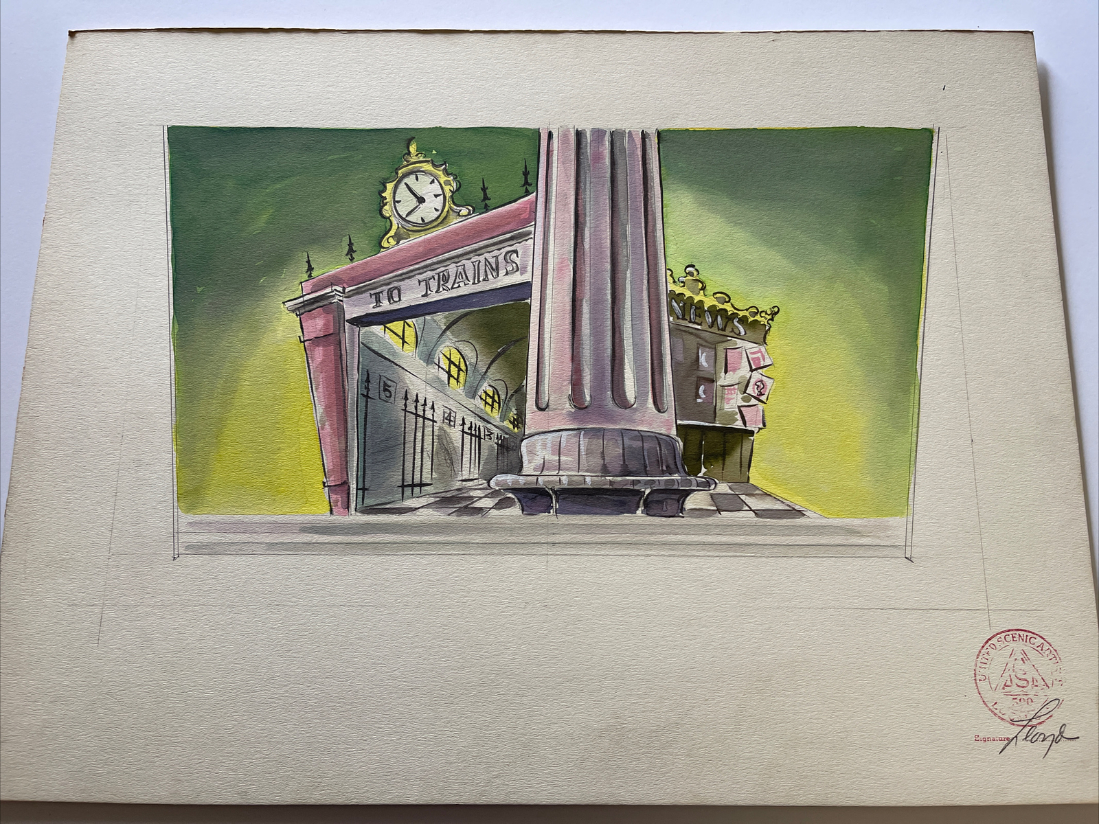 Vintage American Illustration Painting Stage Set design John Lloyd Train News
