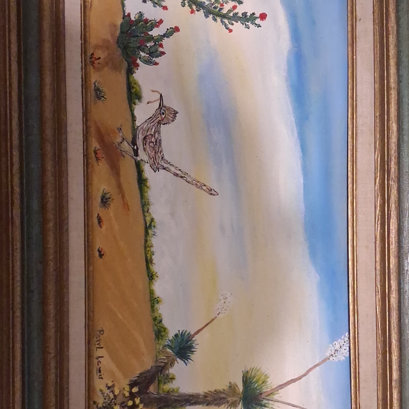 Paul Lewis Signed Framed Realism Painting on Canvas Board Desert Bird Cactus