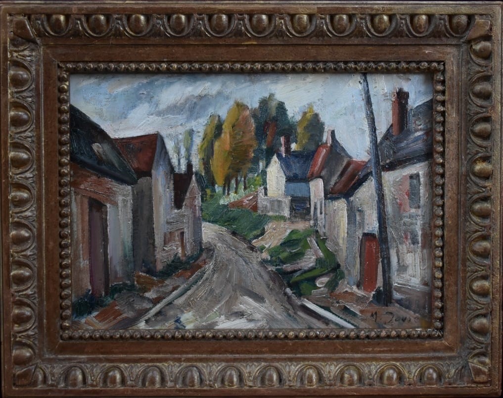 1930s French Village Landscape Oil Painting Signed Davic Post-Impressionist