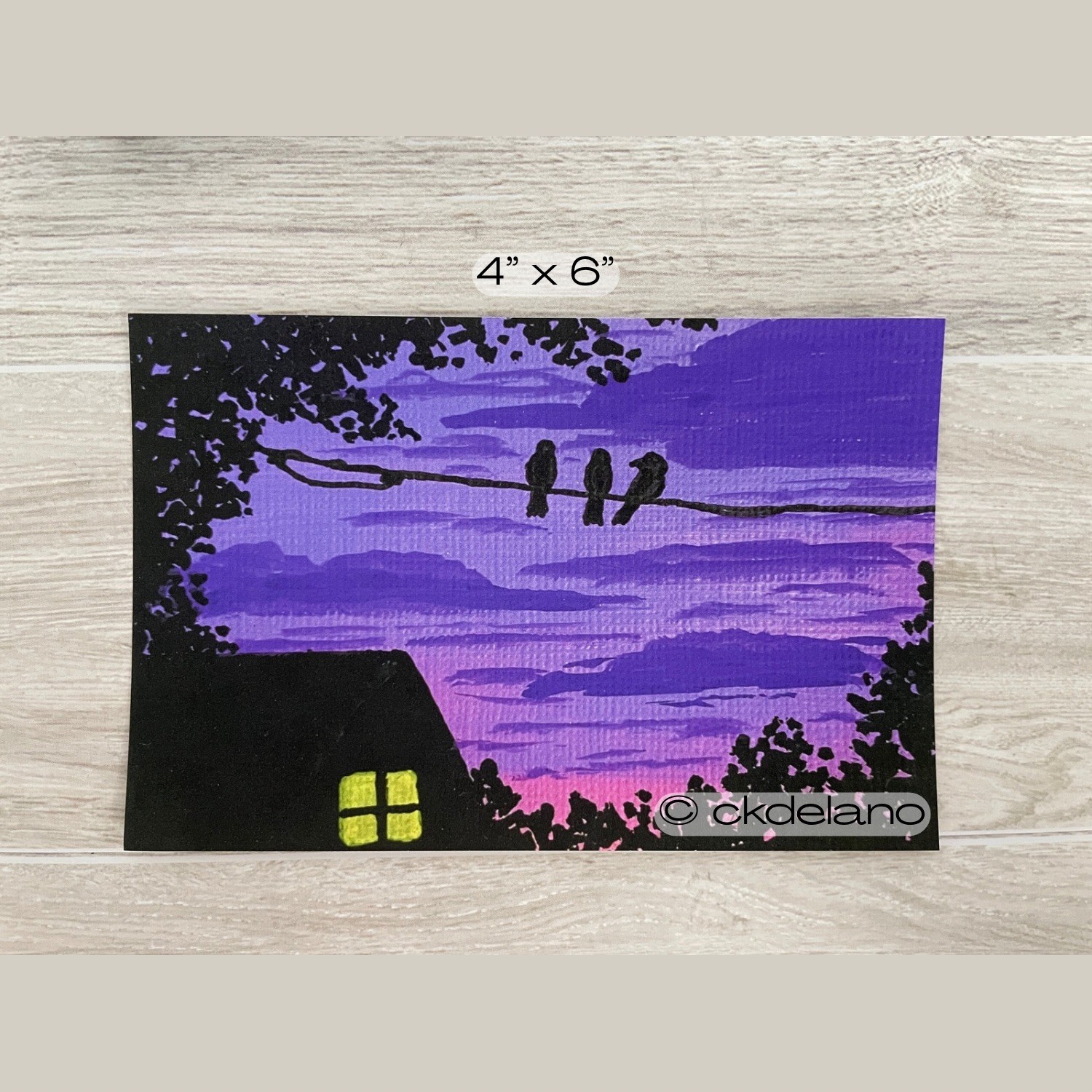 4×6 inch PRINT Acrylic Painting Purple Skyscape Houses Birds Silhouette ckdelano