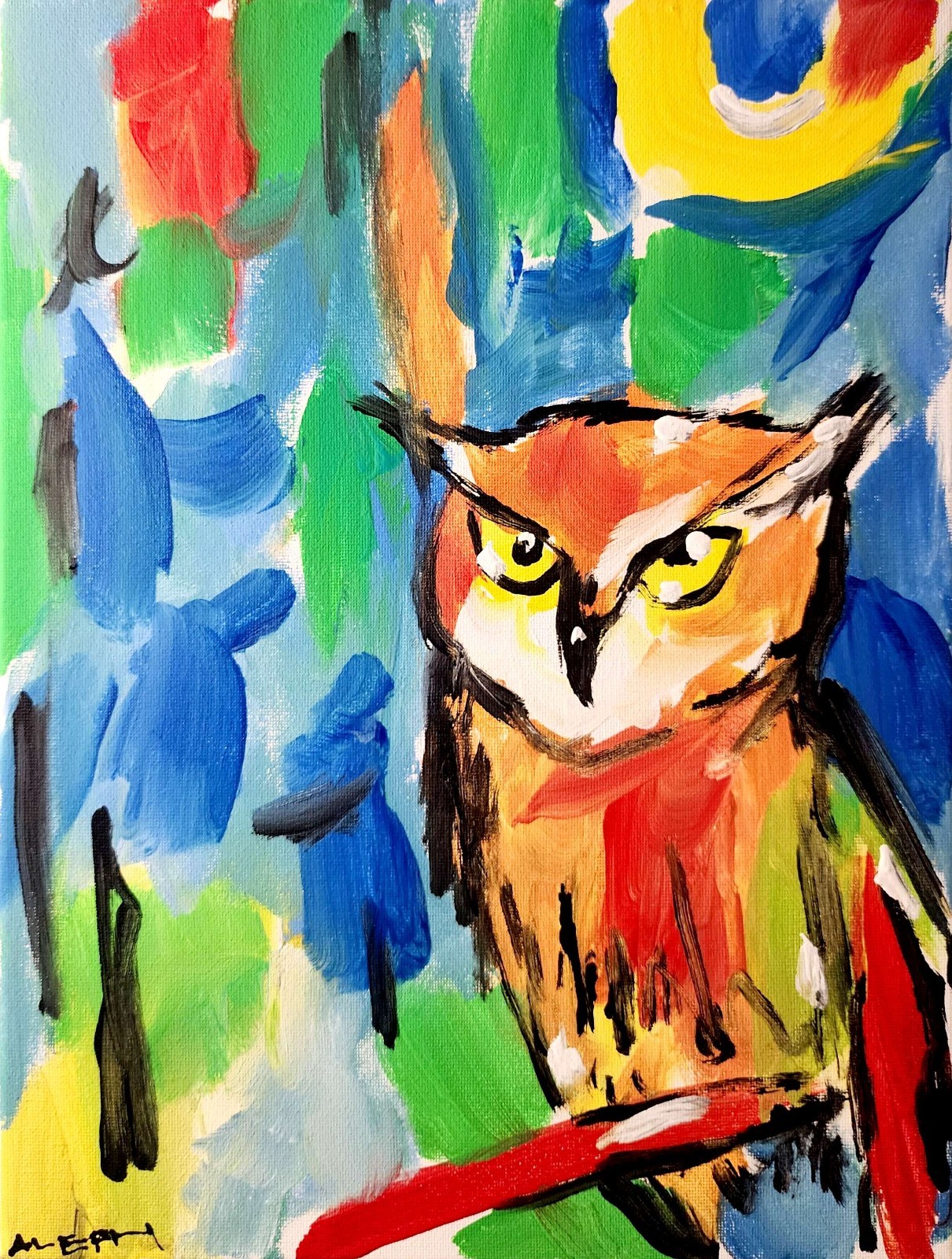 Original Owl Painting Abstract Expressionist Canvas 14×11 Bird of Prey Wall Art
